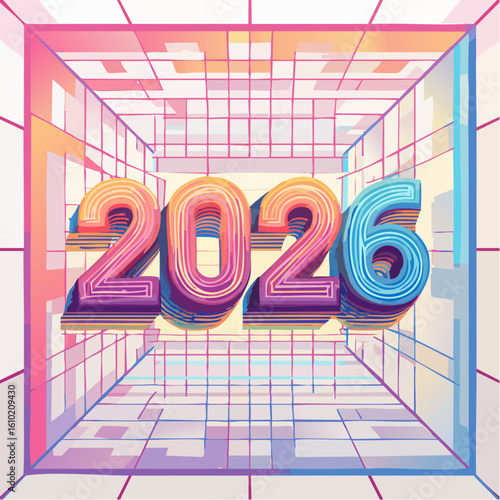A Vision for the Future: A vibrant graphic representing the year 2026, set within a modern, architectural grid, conveys the anticipation and innovation of the future.