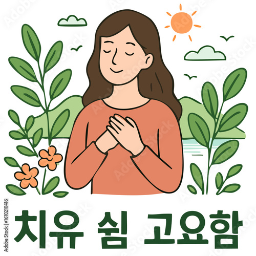 치유’, ‘쉼’, ‘고요함’ 중심의 일러스트+문자 조합
