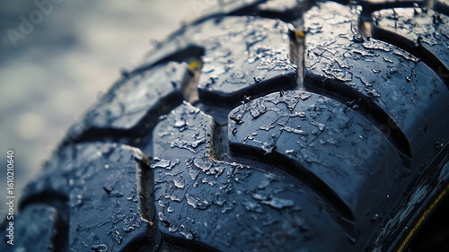 Detailed close-up image showing tire wear on a MotoGP bike, featuring surface textures and patterns that highlight grip and performance on the track.