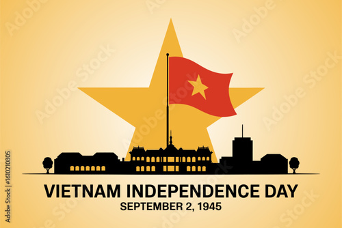 Vietnam Independence Day greeting card with flag and city, September 2, 1945, patriotic celebration, vector design illustration