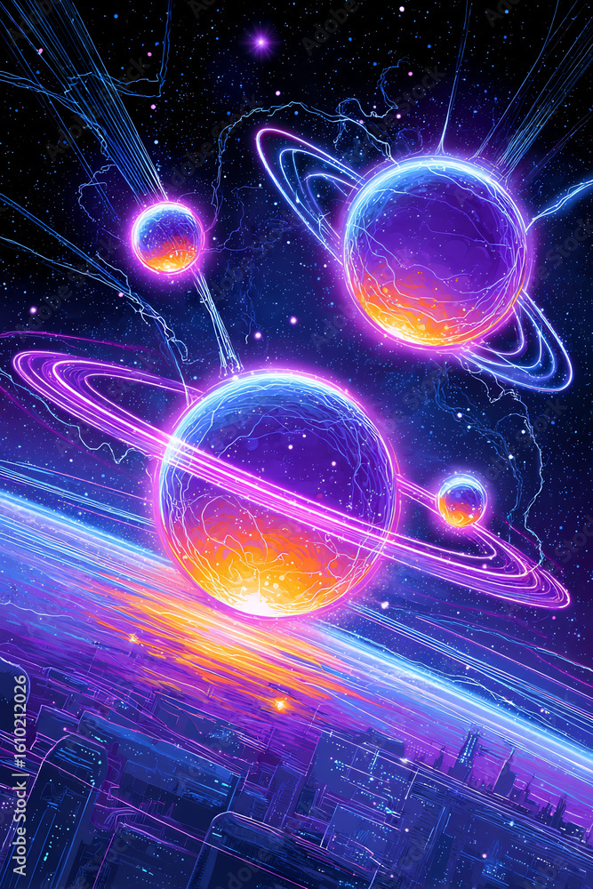 Fototapeta premium 3D futuristic galaxy with neon stars and planets