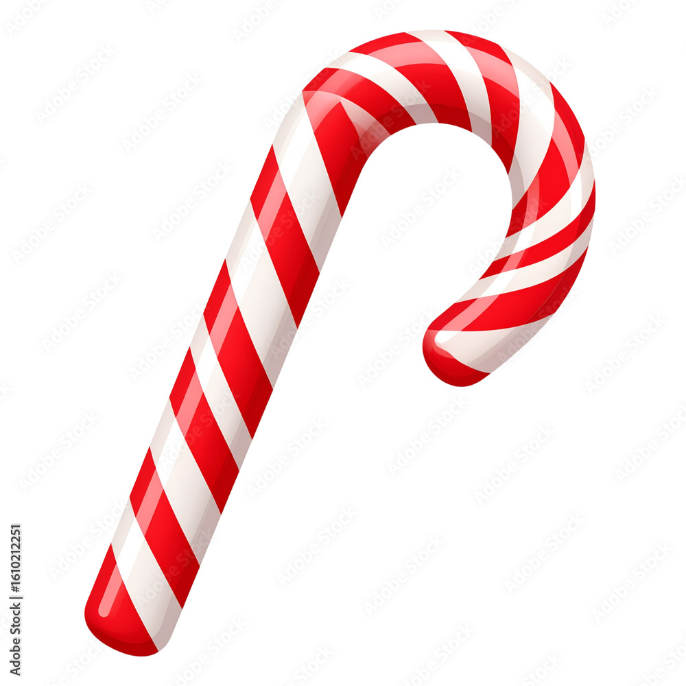 Fototapeta premium Flat Candy Cane with Red and White Stripes and Curved Hook, Minimal Holiday Icon Style, Transparent Background PNG