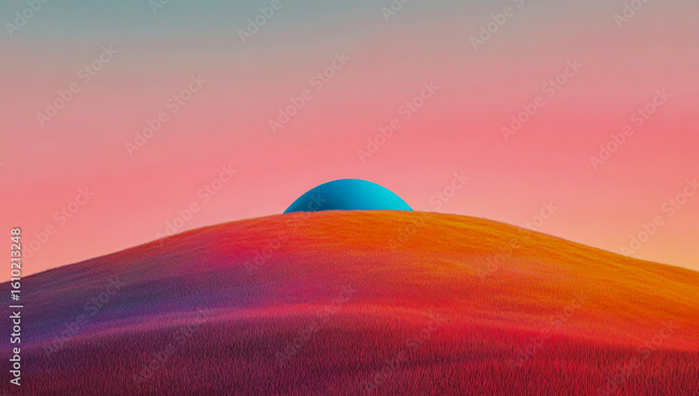 Fototapeta premium A calm blue dome perched on a mountaintop, against a vibrant pink sky, warm orange grass, and a smooth gradient backdrop,