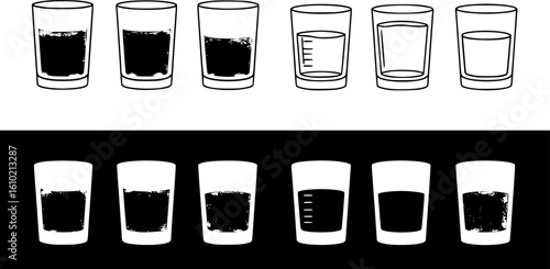 Full and empty glass of water flat icon set (single color, outline and fill)
