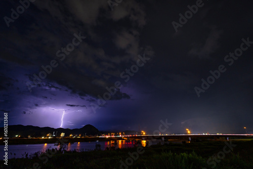 河川と街の夜景を背景にした雷雲と稲光の風景