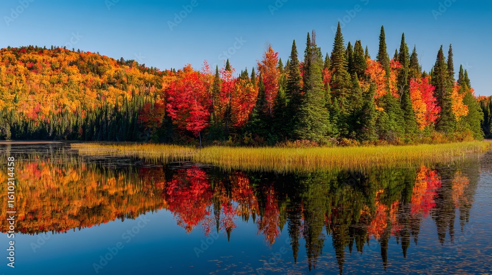Obraz premium Vibrant autumn foliage reflecting on calm ancient lake surrounded by lush green trees with red, orange, yellow leaves under clear blue sky in peaceful fall landscape.