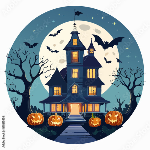 Haunted House on Halloween: A spooky haunted house at night with bats, pumpkin, and trees. A whimsical illustration evoking the spirit of Halloween night.
