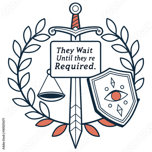 Awaiting Justice Sword Scales Shield and Laurel Wreath Illustration