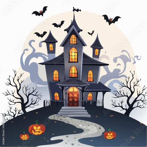 Haunted House Halloween Night: A chilling Halloween night scene with a haunted house, pumpkins, and bats, the house stands tall and foreboding, shrouded in mist and mystery.