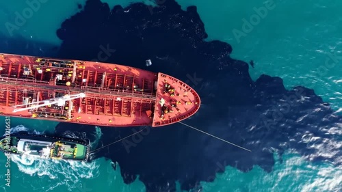 Aerial View Of Oil Spill Response With Red Tanker And Tugboat