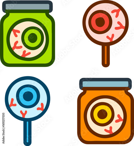 Colourful icon set of high quality eyeballs in jars and on sticks