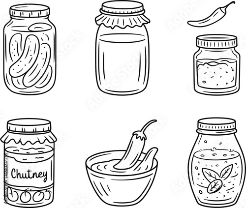 Hand drawn collection of preserved foods in jars and bowl