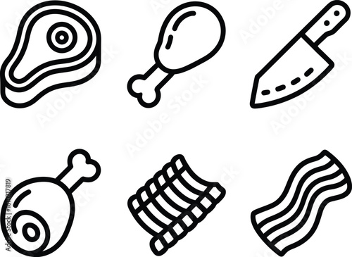 Simple line art icons of various meats and a knife