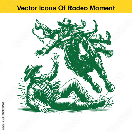 Rodeo Clown Saving Cowboy – Western Heroic Moment Vector
