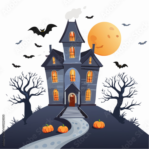 Haunted House in the Moonlight: A chilling illustration of a haunted house silhouetted against a full moon, with pumpkins and bats completing the Halloween scene. A spooky landscape.