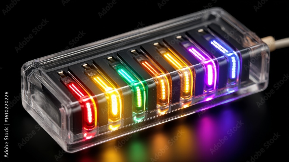 Obraz premium An illuminated LED strip monitor or status indicator with eight LED segments arranged in rows of four displaying various