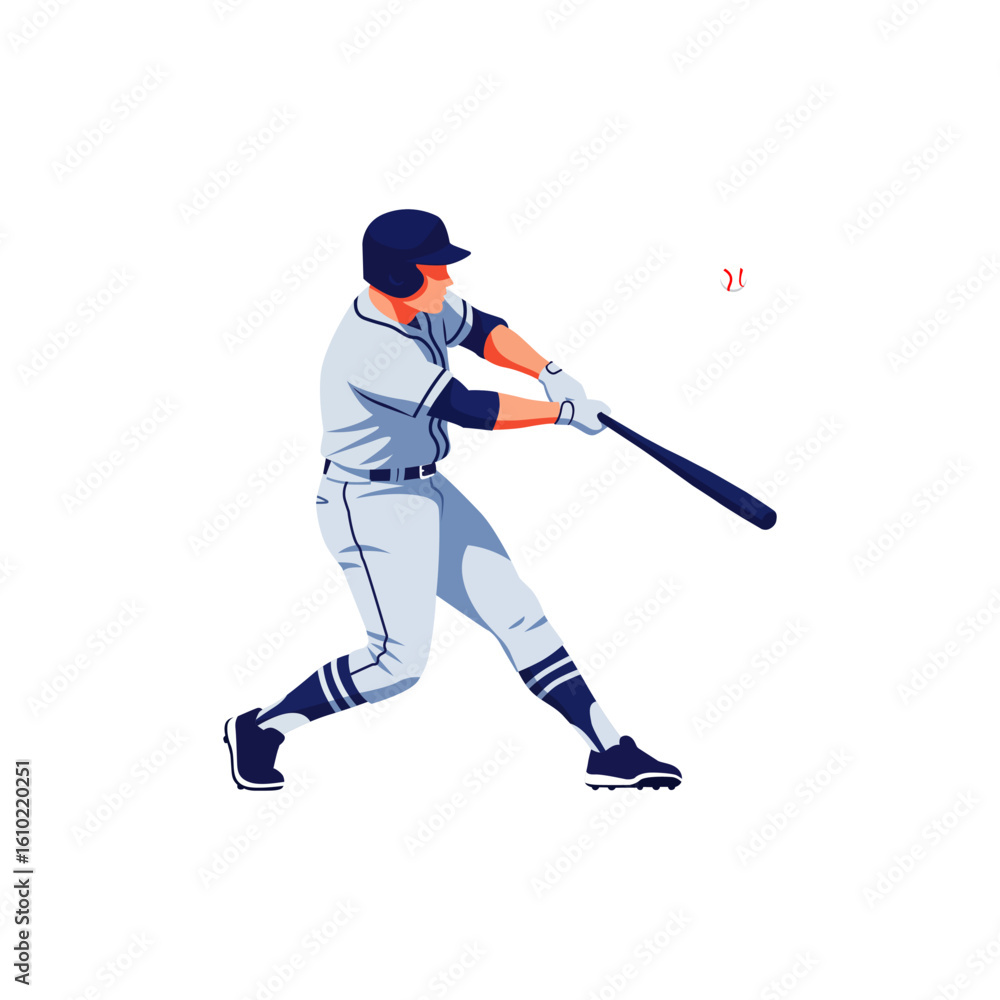 Obraz premium Vector illustration of a baseball player mid-swing, powerfully hitting the ball. This dynamic artwork shows a batter in full uniform, capturing the action of the game. Isolated on white.