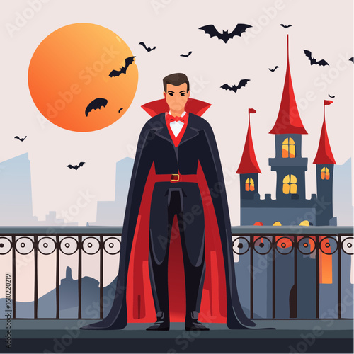 Mysterious Midnight Encounter: A striking illustration portrays a captivating figure standing on a balcony beneath a huge orange sun, a bat swarm circling nearby.