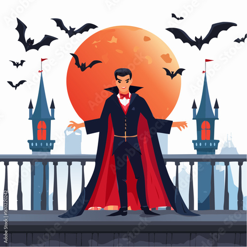 Mysterious Night of the Vampire: An illustrated scene of a vampire, standing on a rooftop overlooking a city silhouette, set against a backdrop of a full moon and bats, with a gothic ambiance. 