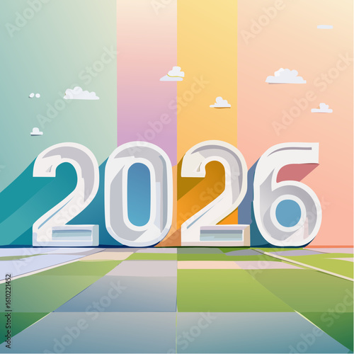 2026 in Sight: A stylized vision of the year 2026, depicted with modern typography, a colorful backdrop, and a futuristic feel, hinting at innovation and progress. 