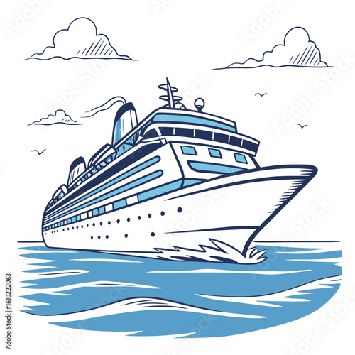 Illustration of a large cruise ship sailing on blue water with clouds and birds