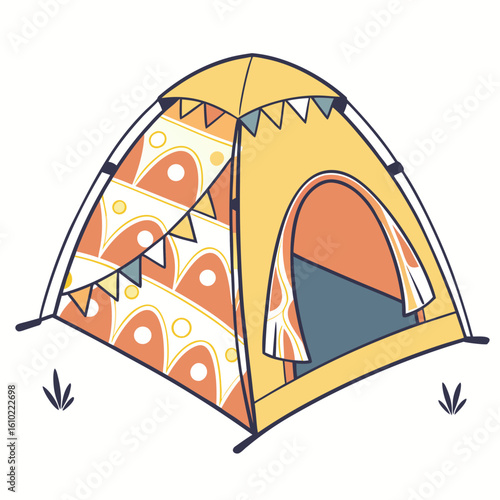 Bohemian style tent with decorative bunting and geometric patterns