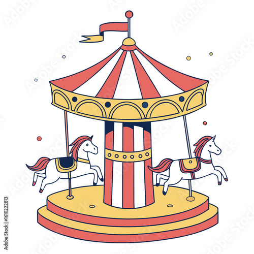 Whimsical carousel with two horses and red and yellow tent