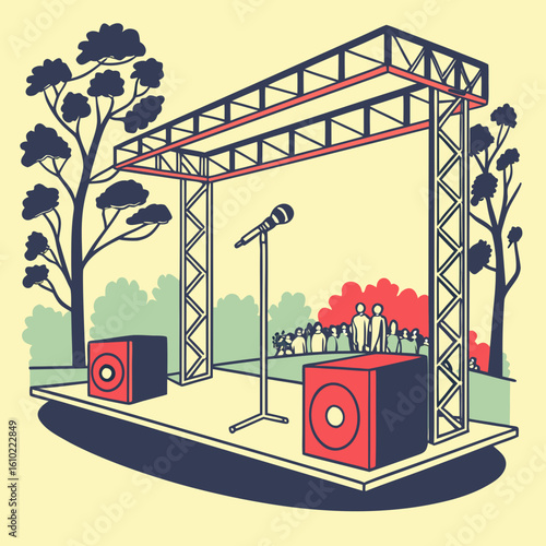 Outdoor concert stage with microphone speakers and audience