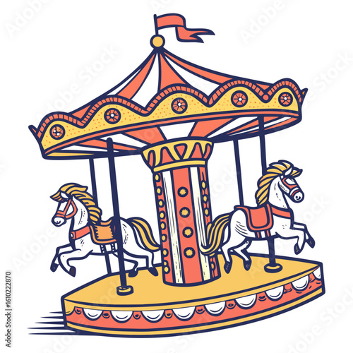 Vintage carousel with two horses illustration