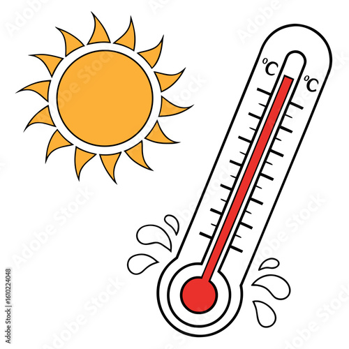 Sun and thermometer indicating high temperature and heat