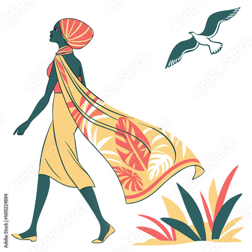 Stylish woman in flowing scarf and turban walks with a bird overhead