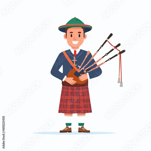 Bagpiper's Serenade: A cheerful bagpiper stands in traditional attire, showcasing the charm of music and cultural expression through his instrument.