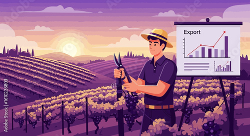 Successful Vineyard Export With Graph And Harvester At Sunset