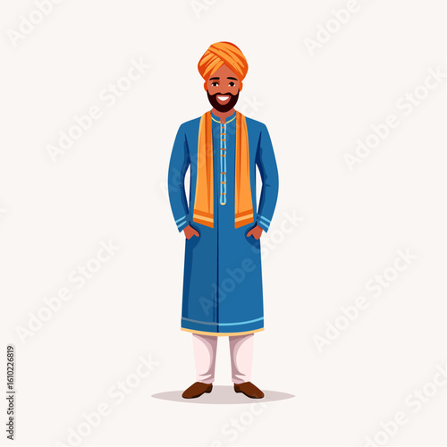 Radiant Sikh Portrait: A Sikh gentleman, radiating warmth, stands adorned in traditional attire, a testament to his heritage and cultural pride.
