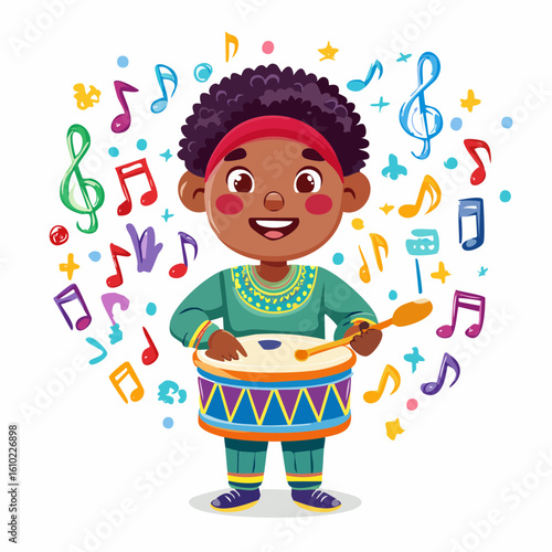 Joyful Drummer: A cheerful child, radiating pure joy and surrounded by a colorful flurry of musical notes, enthusiastically beats a drum.