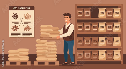 Warehouse Worker Stacking Seed Bags at Seed Distributor Company