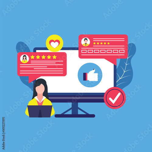 Computer with customer review screen showing star rating and checkmark for feedback online