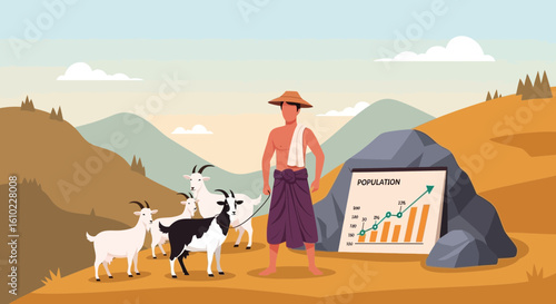 Asian Farmer Manages His Goat Herd While Watching the Population Grow