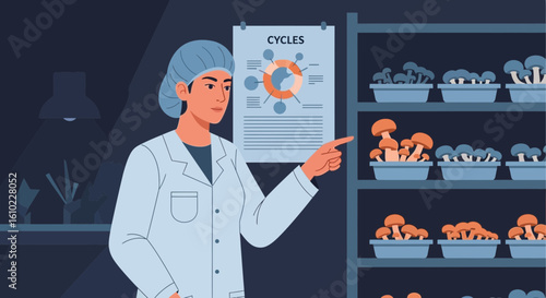 Scientist Inspecting Mushroom Growth Stages In Controlled Environment Chamber