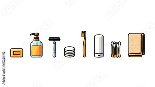 Bathroom essentials vector illustration featuring soap dispenser razor toothbrush and towel for hygiene use