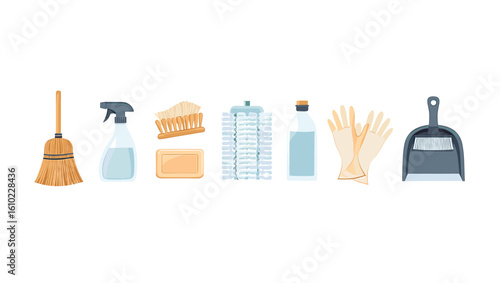 Illustrative cleaning supplies and equipment for household chores and home maintenance tasks concept art