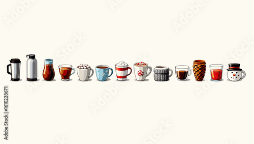 Collection of various hot drinks in mugs and thermoses for winter holiday season vector illustration