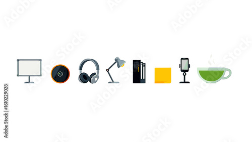 Office desk setup vector illustration with whiteboard headphones lamp and other office related objects