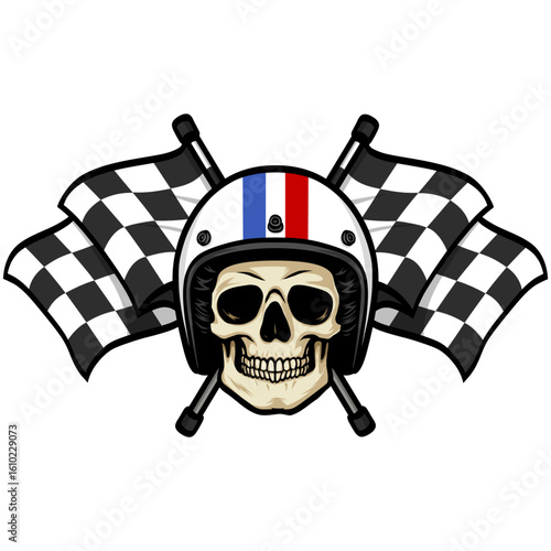 Skull Wearing Helmet Crossed Flags Vintage Retro Style Racing Vector Illustration