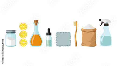 Natural cleaning products for home eco friendly supplies lemon vinegar toothbrush spray bottle jar cloth