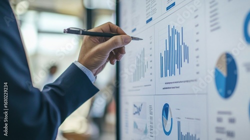 A business professional highlighting key points on a presentation slide labeled next steps showing how data is turned into actionable plans