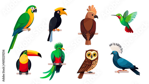 Exotic birds illustration featuring parrot toucan owl hummingbird and other colorful bird species art vector