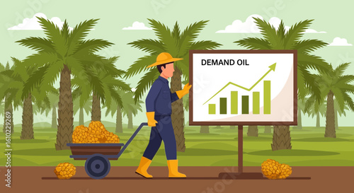 Palm Oil Demand Growing With Farmer Harvesting Fruit In Plantation