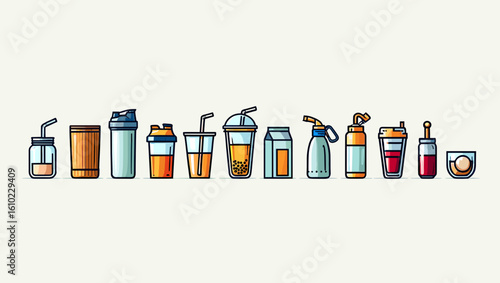 Collection of various drinks and beverage containers for juice water and other liquids illustration