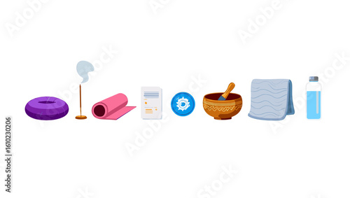Wellness and relaxation items including yoga mat, candle, incense, towel, and water bottle for zen space